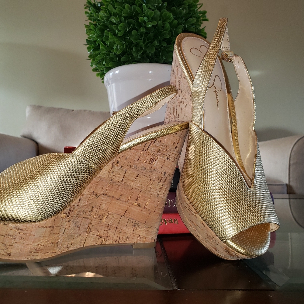 Gold Cork Heeled Wedges